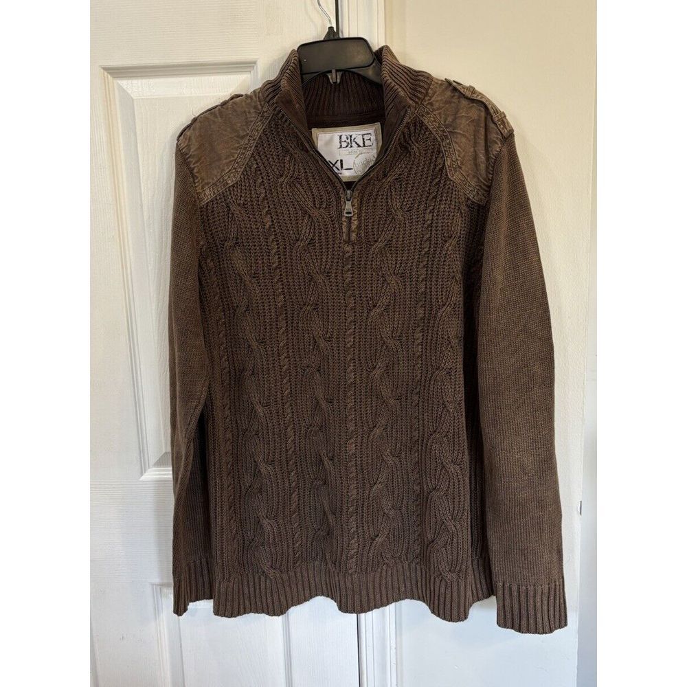 BKE Men's Slim Fit 1/4 Zip Sweater Sz‎ XL Brown Jean Shoulder Design
